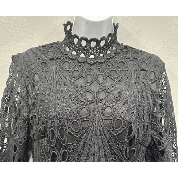 PrettyLittleThing Midi Dress Womens 8 Black Eyelet Crochet Zip Long Sleeves NWT - Picture 3 of 16